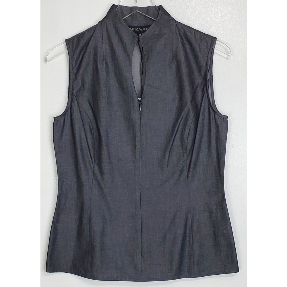 NWT Ming Wang mandarin collar sleeveless zip up blouse gray casual career staple